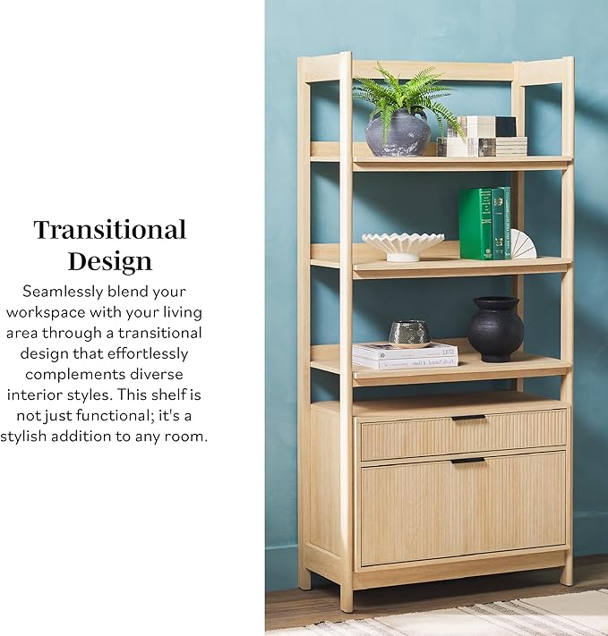 Walker Edison Transitional Open Reeded 4-Shelf Bookshelf with Drawers Versatile Bookcase with Bottom Storage for Home Office, Living Room, Bedroom, 33 Inch, Coastal Oak