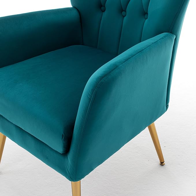 Container Furniture Direct Modern Chic Mid-Century Velvet Accent Armchair for Living Room, Bedroom, or Home Office, Button-Tufted Wingback Design with Gold Flared Legs, Dark Teal