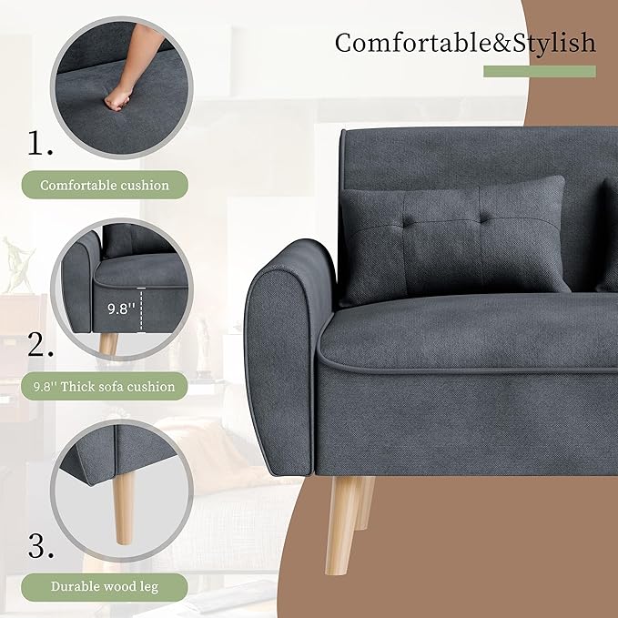 Shintenchi Small Modern Loveseat Couch Sofa, Mid Century Fabric Upholstered 2-Seat Sofa Couch Love Seats Furniture for Small Space,Living Room,Studio,Apartment with 2 Pillows