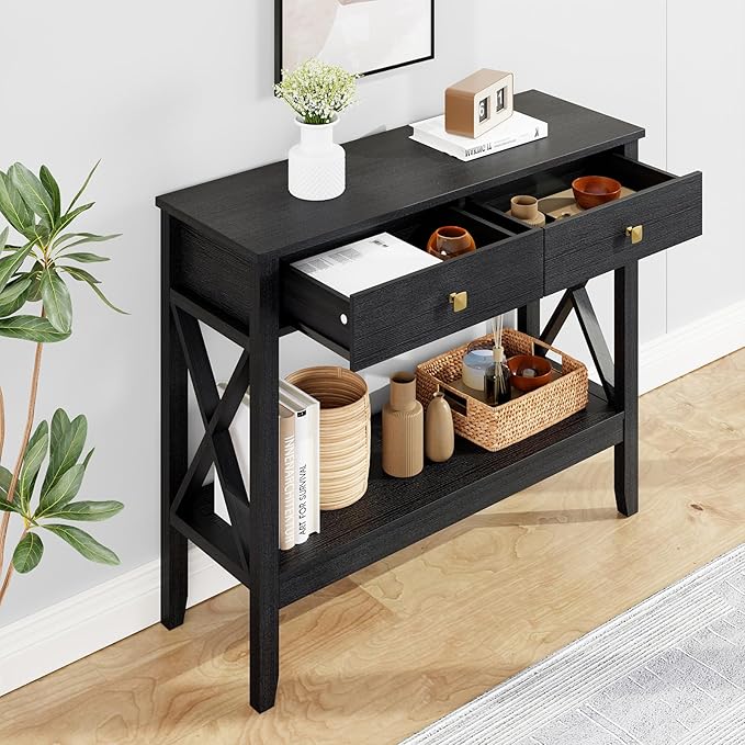 Console Table,Sofa Table 13.8" D x 39.37" W x 31.5" HEntryway Table with 2 Drawers Storage Shelve Foyer Table for Entryway Farmhouse Hallway Tables (Black)