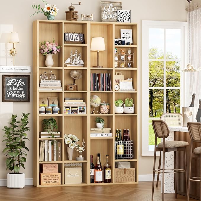 FOTOSOK 71’’ Narrow Bookshelf and Bookcase, Wooden Shelf 7 Tier Media Storage Tower Rack, CD DVD Storage Tower Rack with Adjustable Shelves,Double Wide Slim Bookshelf Cube Storage Organizer, Natural