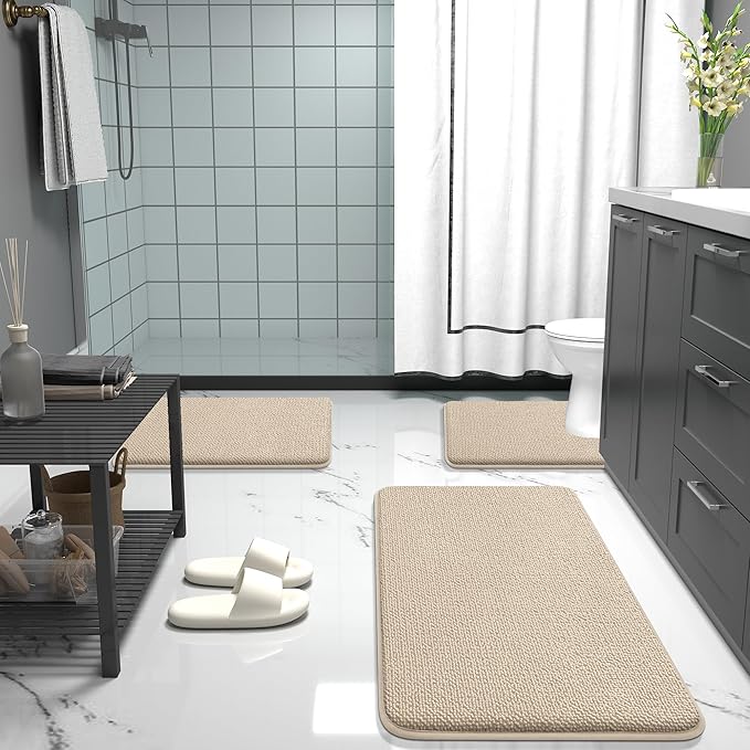 OLANLY Thick Memory Foam Bath Mat Rug 24x16, Extra Soft Absorbent Bathroom Rug, Quick Dry Bath Mats, Non-Slip, Machine Washable Carpet for Bathroom, Tub and Shower, Home Decor Accessories, Beige