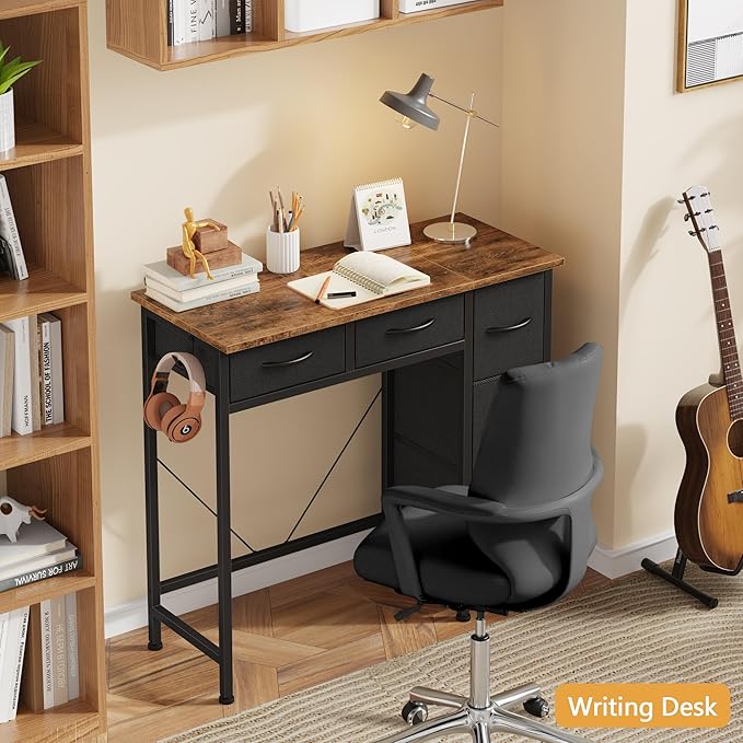 Small Desk with 5 Fabric Drawers, 33 Inch Computer Desk for Home Office, Simple PC Desks for Small Places, Kids Girls Teen Wrting Table Study Table for Bedroom Dorm, Rustic Brown