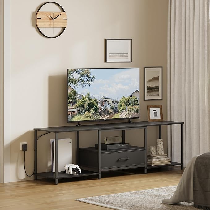 TV Stand with LED Lights, Entertainment Center with Open Shelves and Fabric Drawer, Media Console for 80 Inch TV, Television Stands for Living Room, Bedroom, Black