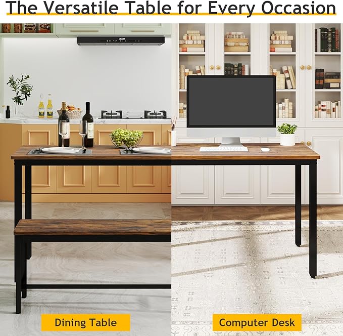 Rovibek Dining Room Table Chairs Set for 4, Modern Space Saving Kitchen Table with 2 Benches & Adjustable Feet Breakfast Table, Wooden Industrial Style Farmhouse, 43", Brown