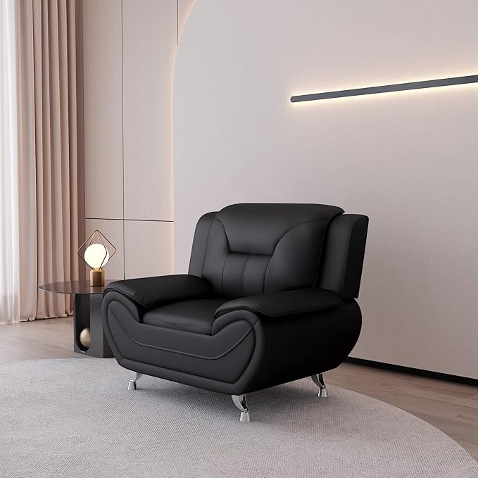 Container Furniture Direct Michael Modern Faux Leather Upholstered Stainless Steel Legs Living Room Sofa, Chair, Midnight Black
