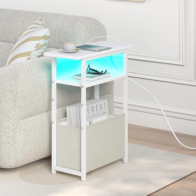 Narrow Side Table with Charging Station, LED End Table for Small Spaces, Skinny White Nightstands with Storage Basket, 3 Tier Sofa Bedside Tables for Living Room,Bedroom, White