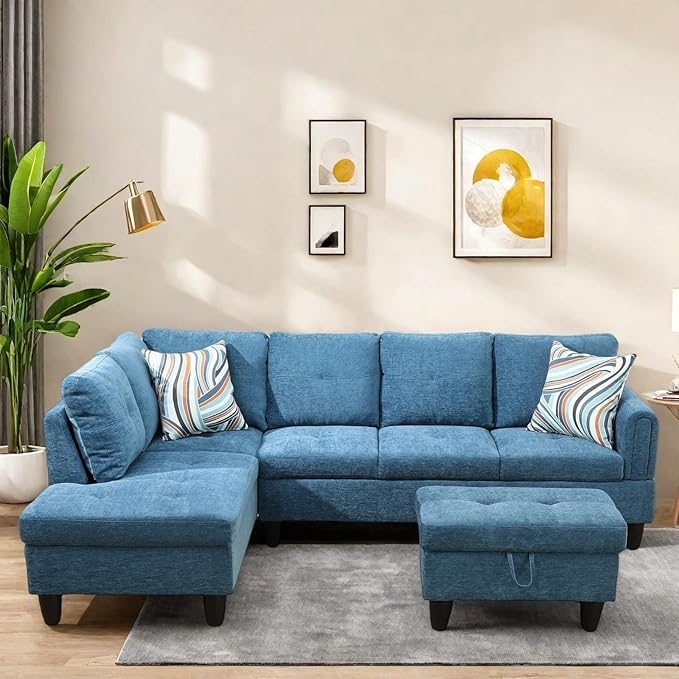 Sectional Couch with Ottoman Storage, L Shaped Couch Sofa Furniture Sets, Modern Modular Comfy Sofa for Living Room Bedroom, Blue