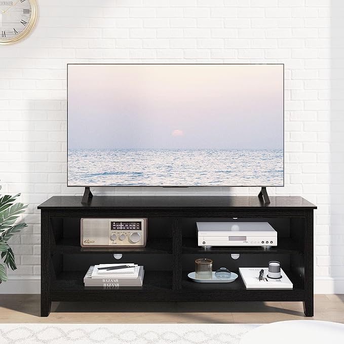 TV Stand for 65 inch TV with Storage,Modern TV Entertainment Center for Bedroom,TV Media Console Table with 4 Open Storage Shelve,55 inch Wood TV Cabinet Black