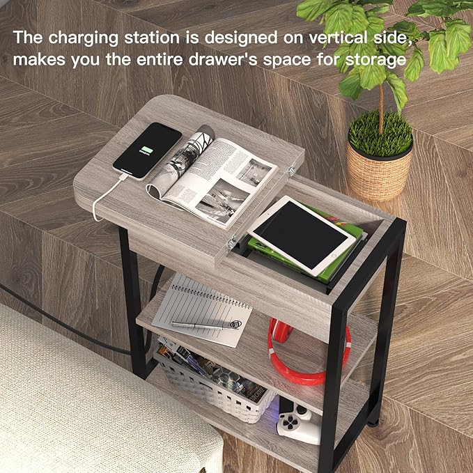 LIDYUK End Table with Charging Station, Set of 2 Flip Top Narrow Side Table for Small Spaces, Nightstands Set of 2 for Bedroom, End Tables Living Room with Storage Shelves, Greige