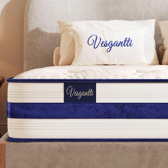 Vesgantti Queen Mattress, 10 Inch Hybrid Innerspring Mattress in a Box with Memory Foam, Durable Support & Pressure Relief, Medium Firm Feel