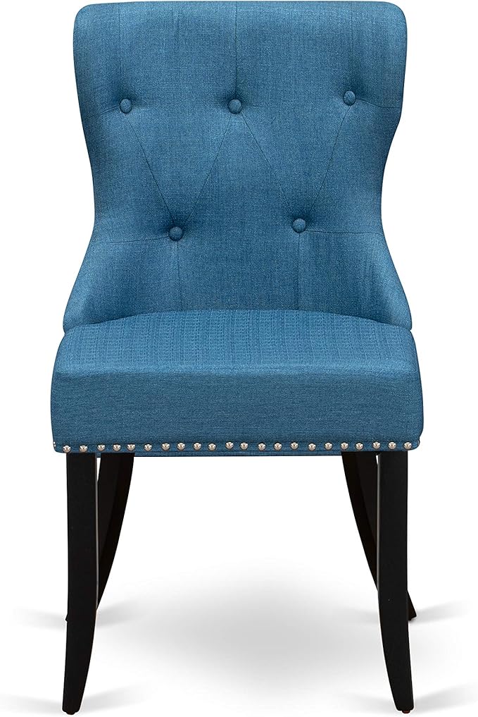 East West Furniture DLSI3-BLK-21 3 Piece Dining Table Set for Small Spaces Contains a Round Dining Room Table with Dropleaf and 2 Blue Linen Fabric Parsons Chairs, 42x42 Inch, Black