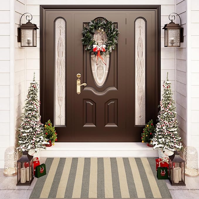 OJIA Tan Washable Outdoor Rug 3'x5', Fall Front Door Mat Outside Entrance Cotton Woven Halloween Doormat Indoor Outdoor Rugs Striped Entryway Rugs Small Outdoor Door Mats for Porch Patio Kitchen Entry