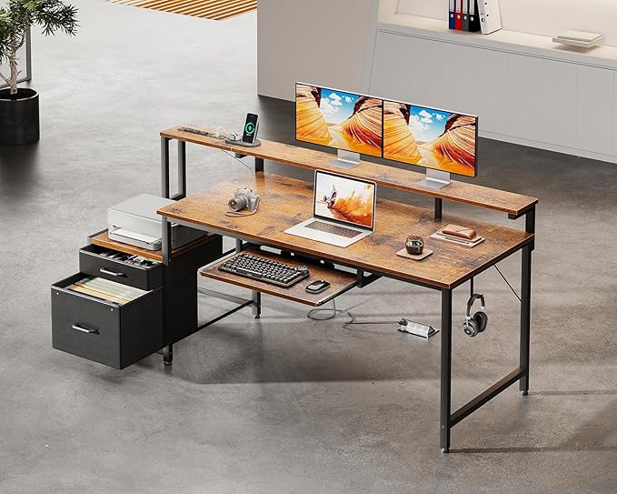 AODK Computer Desk with Drawers and Keyboard Tray, 63" Office Desk with Power Outlet, Reversible Study Work Desk with Printer Shelf and PC Stand for Home Office, Vintage