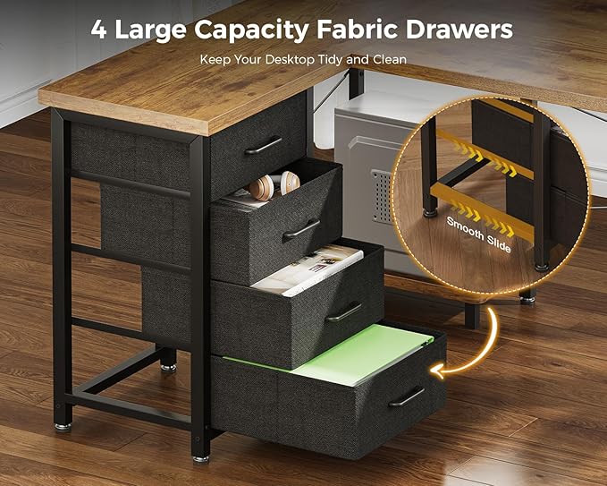 AODK L Shaped Desk with 4 Tier Drawers, 61" Reversible Gaming Desk with Power Outlets, L Shaped Computer Table with USB Charging Port and Host Stand, Home Office Table, Easy to Assemble, Vintage