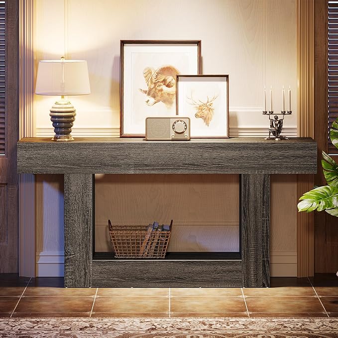 Tribesigns 63" Console Table, Farmhouse 2-Tier Entryway Table with U-Shaped Base, Narrow Long Wood Sofa Table Behind Couch Table for Living Room, Hallway, Foyer, Dark Gray