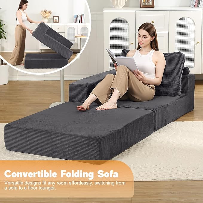 MeMoreCool Convertible Sofa Bed Foldable Boneless Couch, Folding Sleeper Chair Bed with L-Shaped Armrest, Comfy Floor Lounge Couch for Adults, Fold Out Single Sofa Chair Futon for Indoor Bedroom