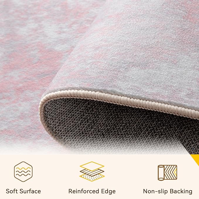 Washable Area Rugs 7'x9' Non-Slip Modern Abstract Soft for Living Room Entryway Bedroom Nursery, Print Pattern, Grey Pink