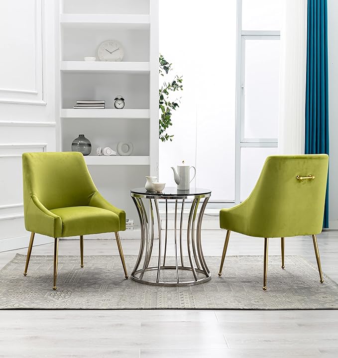 Velvet Dining Chairs Set of 2, Furniture Collection Modern Contemporary Upholstered with Polished Gold Metal Legs(Yellow Green)