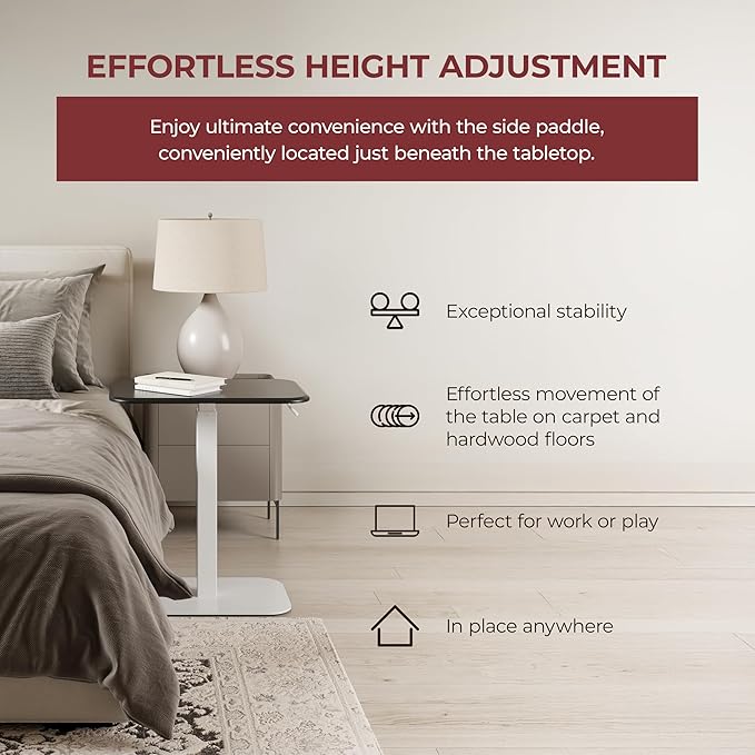 Ergohome™ ELEVANCE Table™ Height Adjustable Side Table for Couch or Bed, Laptop Table - Small End Table Office Coffee Table - C-Shaped Sofa Side Table with Multi-Function (White Base & Carbon Top)