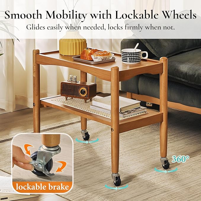 Rattan Side Table with Wheels, Small End Table with Storage, Narrow Wooden Bed Side Table for Living Room, Modern Slim Sofa Nightstand, 23.43" W*12.99" D*19.69" H, (Natural)