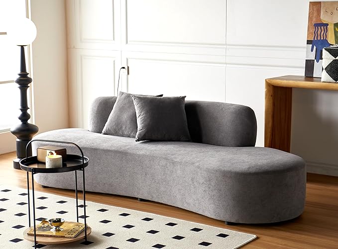 Container Furniture Direct 90" Curved Sofa with Throw Pillows, 4 Seater Luxury Velvet Couch with Half Moon Design and High-Density Foam, Ideal for Modern Living Room, Office & Apartment, Grey