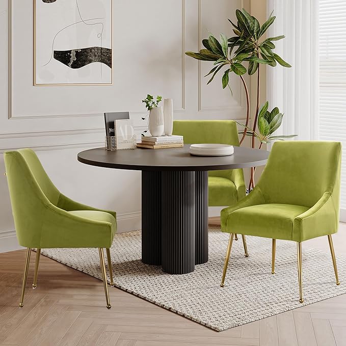 Modern Velvet Dining Chairs Set of 2, Contemporary Upholstered Furniture Collection with Polished Gold Metal Legs, Elegant Accent Chairs for Kitchen Living Room(Yellow Green)