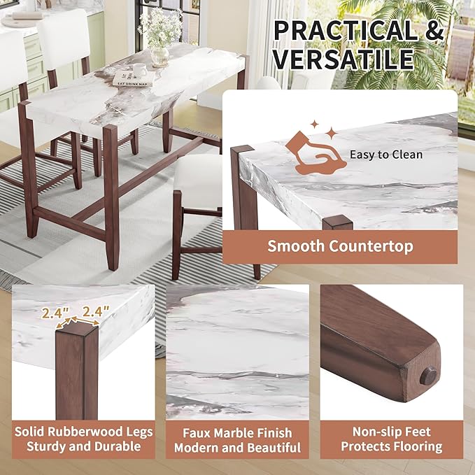 Ball & Cast 5-Piece Dining Table Set for 4,Kitchen Table Set W/Faux Marble Bar Table,Counter Height Living Room Furniture W/ 4 Upholstered Chairs,for Dining Room,Pub Kitchen,Small Place,Beige+White