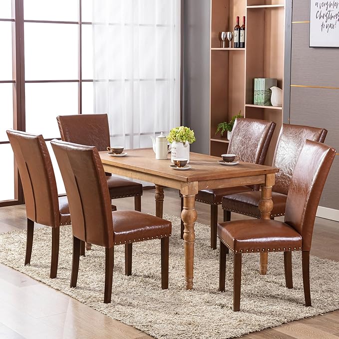 COLAMY Upholstered Parsons Dining Chairs Set of 2, PU Leather Dining Room Kitchen Side Chair with Nailhead Trim and Wood Legs - Light Brown