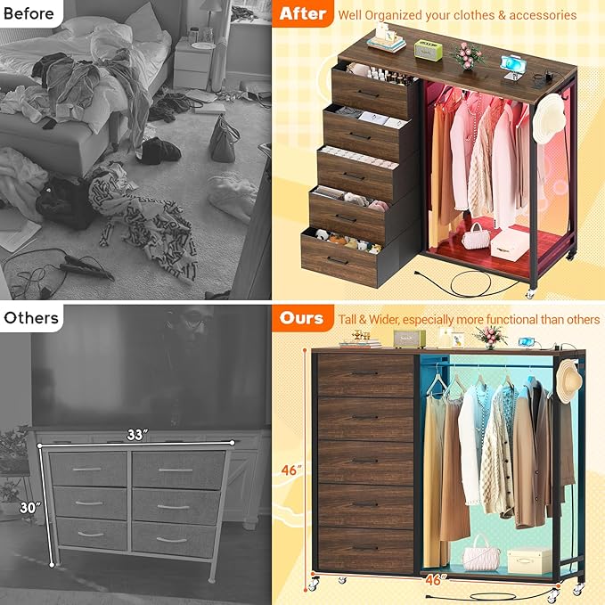 Cyclysio Dresser for Bedroom with Clothes Rack, 5 Fabric Drawers Dresser with Charging Station & LED Lights, Storage Chest of Drawers, Wooden Top, Bedroom, Closet, Red Oak
