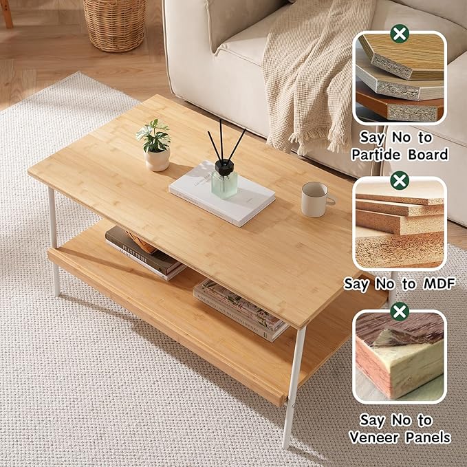 Coffee Table with 2 Tier Storage- Farmhouse Bamboo Coffee Tables, Mid Century Modern Center Table, Tea Tables for Living Room, Bedroom, Office, Patio (Natural)
