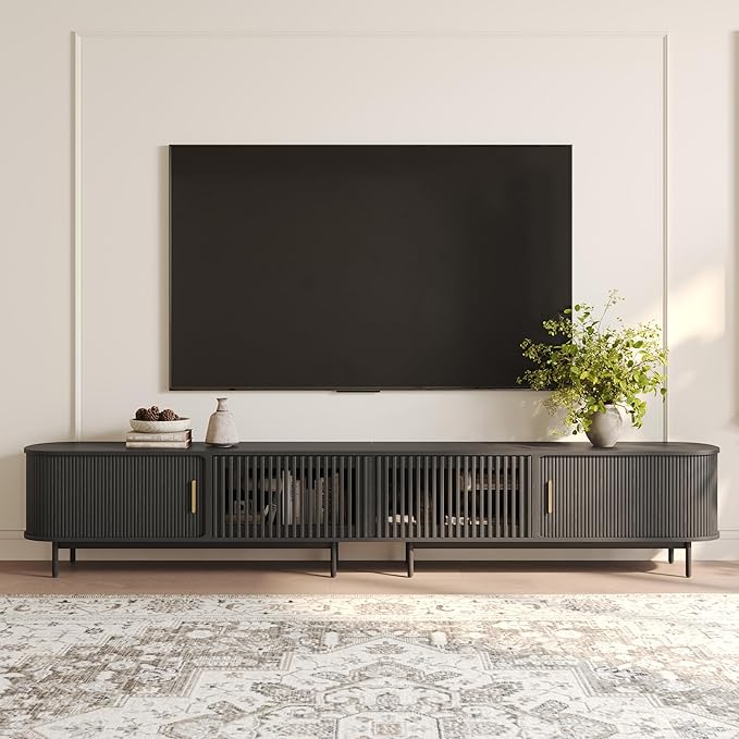 POVISON Sliding Tambour Door TV Stand, Mid Century Modern TV Console, Wood Media Console, Entertainment Center with Storage Cabinet, Fully-Assembled (Black, 118.11")