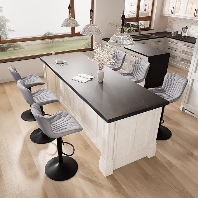 YOUNIKE Grey Bar Stools Set of 4 Modern Swivel Counter Height Bar Chair with Back Adjustable Kitchen Island Faux Leather Padded Barstools taburetes de bar Breakfast sillas para barra de cocina 4PCS