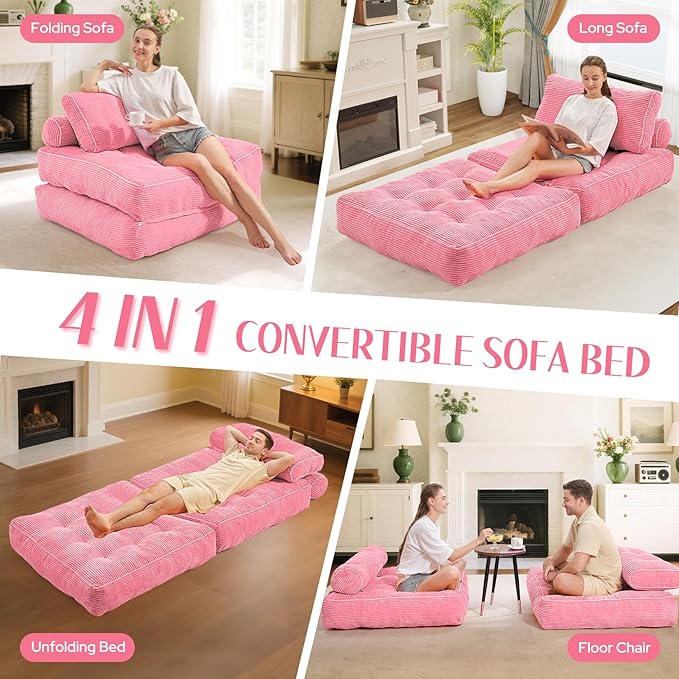 HABUTWAY Folding Sofa Bed, Convertible Sleeper Chair Bed w/Dual-Pillow & Handle, Foldable Floor Sofa Lounge w/Back Support for Living Room, Bedroom, Apartment, Office, Pink