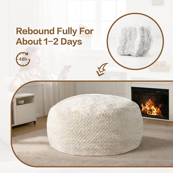Hobestluk 5ft Bean Bag Chairs for Adults Large Beanbag Chair with Chevron Plush Fur Cover Big Bean Bag Chair for Living Room Bedroom Dorm Office - White (50” x 50” x 24”)