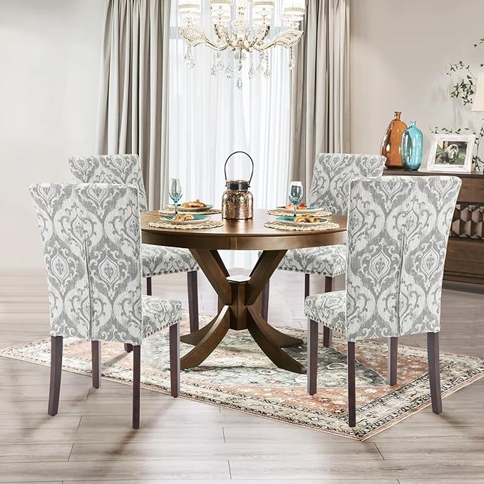 Parsons Dining Chairs Set of 6, Upholstered Nailhead Dining Room Kitchen Side Chair with Thick Cushions and Wood Legs, White/Grey