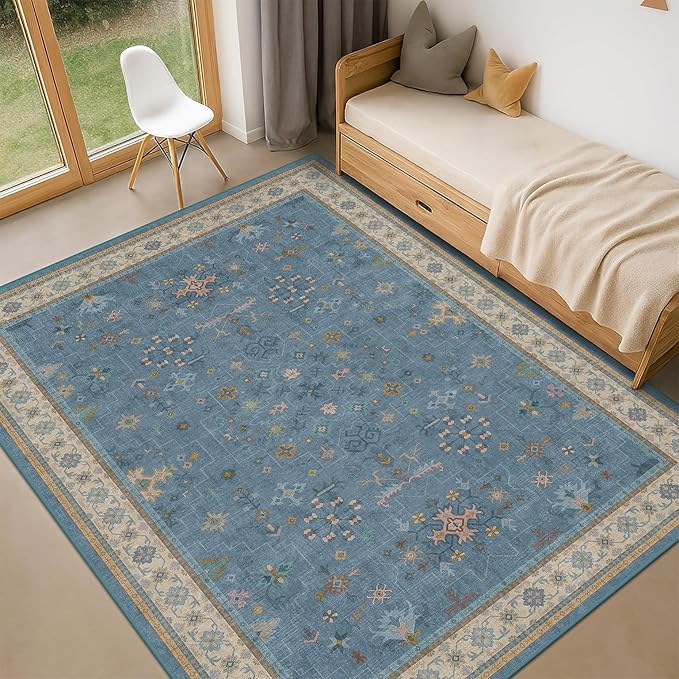 5x7 Rug for Living Room, Boho 5 x 7 Area Rugs Colorful Blue Modern Eclectic Low-Pile Carpet for Bedroom, Dining Table, Nursery, Washable Non-Slip with Rubber Back