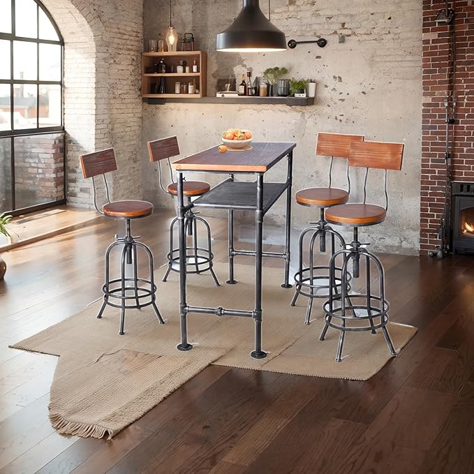 LOKKHAN Industrial Bar Stool-Adjustable Swivel Round Wood Metal Kitchen Stool-26-32.3 Inch-Rustic Farmhouse-Counter Height Extra Tall Bar Height Stool-Arc-Shaped Backrest,Welded,Set of 2