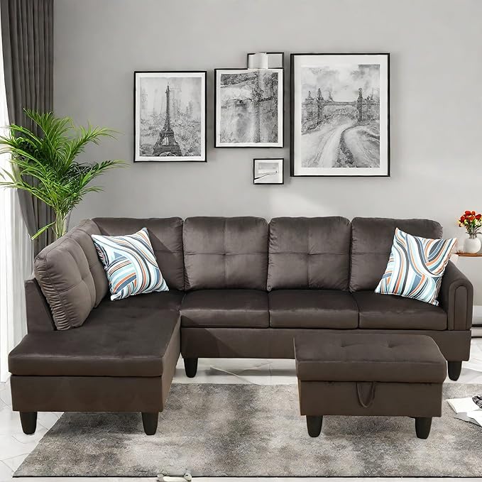 Convertible Sectional Couch, Large L Shaped Couch with Storage, Modern Modular 5-Seat Sectional Sofa with Ottomans for Living Room and Office, Dark Brown
