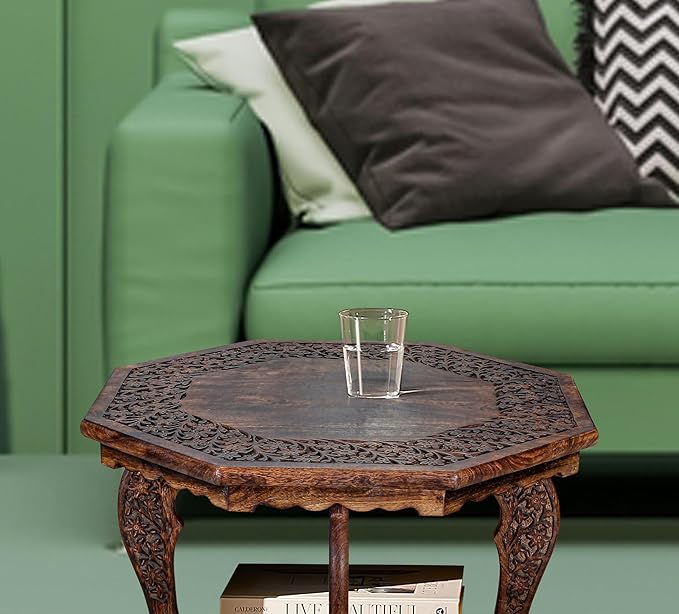 The Wooden Town Farmhouse Octagon Accent End Table, Rustic Side Table Nightstands for Living Room, Bedroom, Foldable Coffee Tables with Carving, Wood Tray Top, Handcrafted Finish, 24"x24"x18" - Burnt