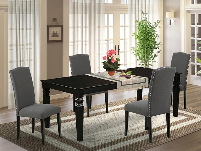 East West Furniture LGEN5-BLK-20 5 Piece Dinette Set Includes a Rectangle Dining Room Table with Butterfly Leaf and 4 Dark Gotham Linen Fabric Upholstered Chairs, 42x84 Inch, Black