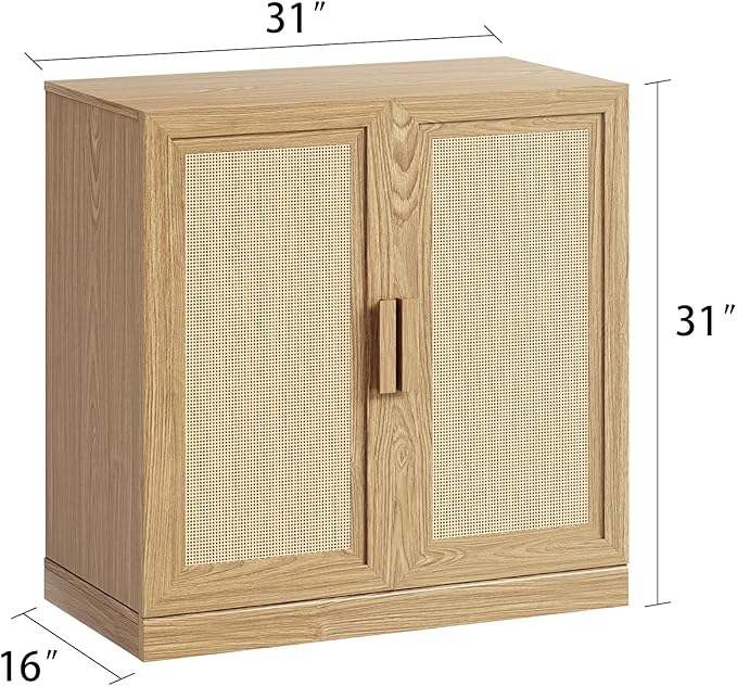 Buffet Cabinet, 2-Doors Sideboard Cabinet with Rattan Panels, Buffet Console Accent Table for Hallway Entryway Dining Room, 31", Oak