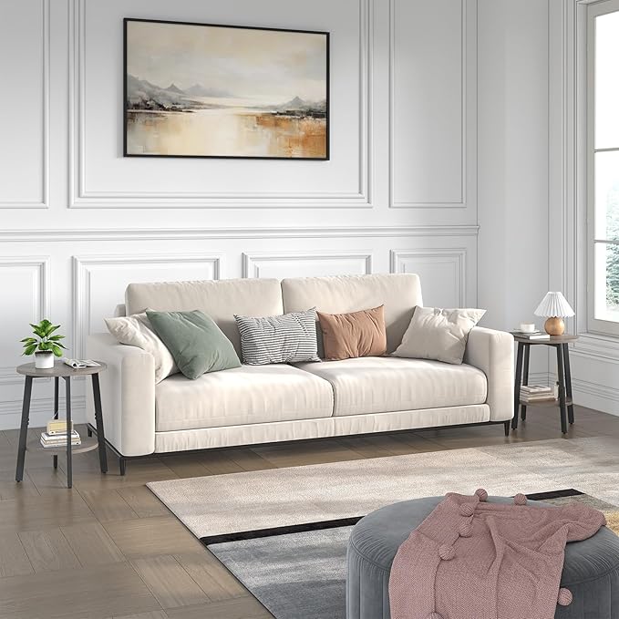Side Table Set of 2, Small Round End Table with Storage Shelf for Small Space, 2-Tier Bedside Table Sofa Couch Table, Nighstands Set of 2 Accent Table for Living Room, Bedroom, Grey
