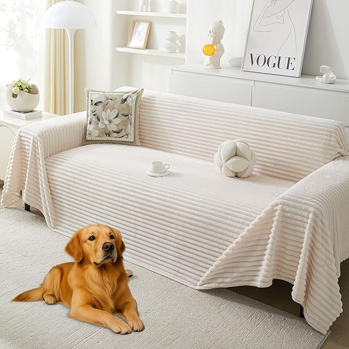 HAOMAIJIA Faux Fur Sofa Covers Couch Covers for 2 Cushion Couch Sofa Pet Friendly Soft Non Slip Couch Cover for Dogs Washable Sectional Couch Covers L Shape Furniture Protector (Off White, 71"x102")