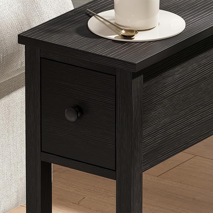 ChooChoo Narrow End Table, Small Side Table for Small Spaces, Slim End Table with Drawer, Narrow Nightstand Bedside Table for Living Room Bedroom, Black, 2 Pack