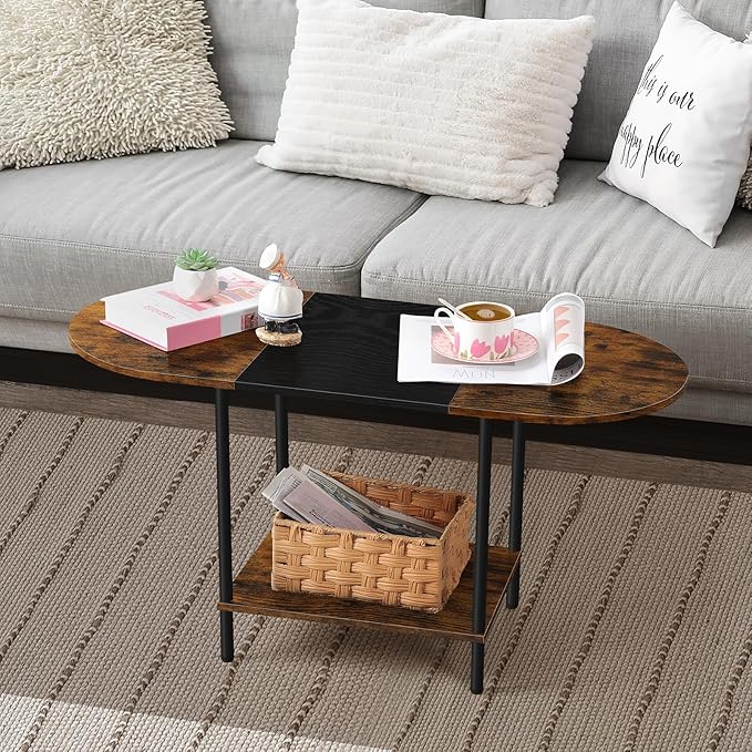 OYEAL Small Round Coffee Table for Living Room Farmhouse Oval Center Table Circular Coffee Table with 2-Layer Storage and Opening Shelf for Display,Small Space,Home Office,Black & Brown
