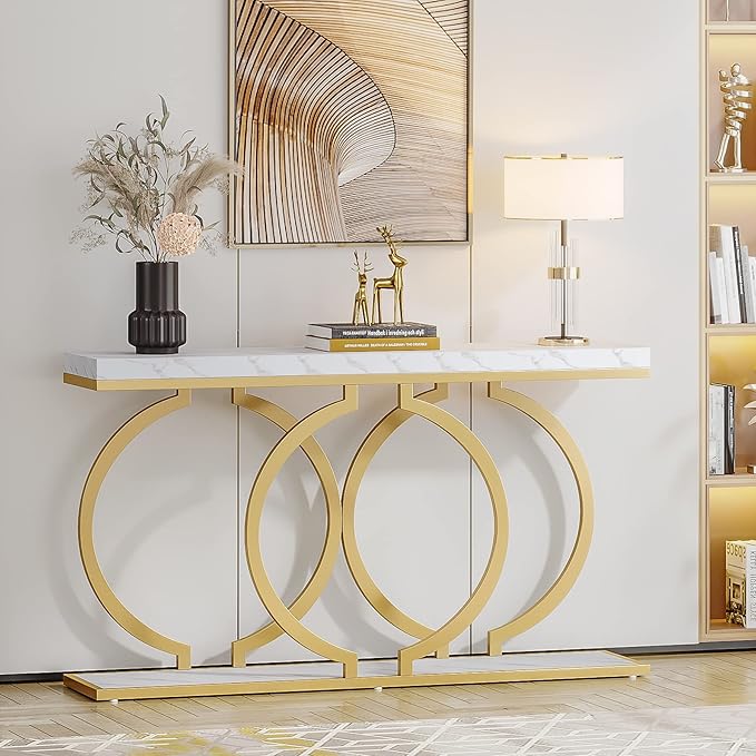LITTLE TREE 55 inch Faux Marble Gold Console Table Modern Entryway Table Narrow Long Sofa Table Accent Table for Living Room, White and Gold