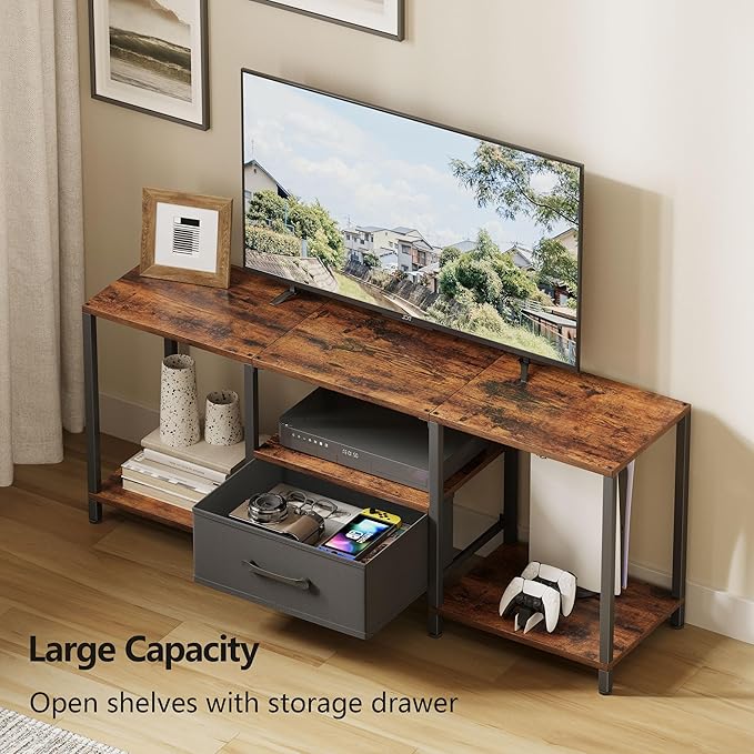 TV Stand with Fabric Drawer for 55 Inch TV, Entertainment Center with Open Shelves, Media TV Console Table for Living Room, Bedroom, Rustic Brown