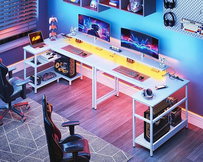 ODK 48 Inch Gaming Desk with USB Charging Ports and LED Lights, Reversible L Shaped Computer Desk with Storage Shelves & Monitor Stand, Corner Home Office Desk Table with Power Outlets, White