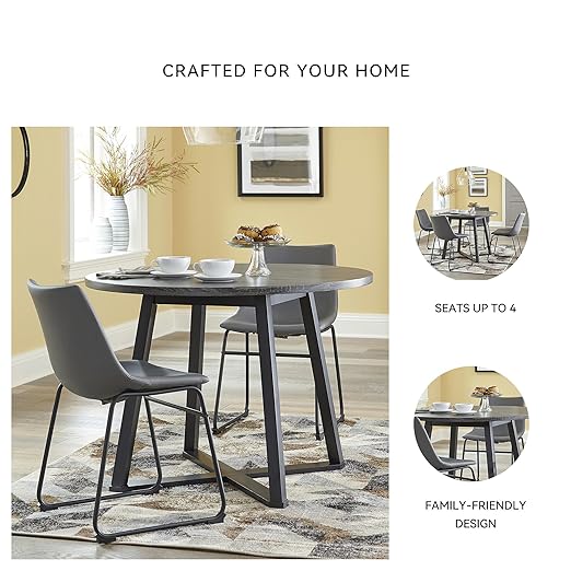 Signature Design by Ashley Centiar Mid Century Round Dining Room Table with Metal Legs, Gray & Black